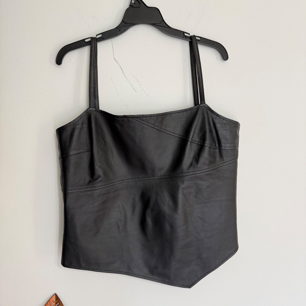Spiegel Black Genuine Leather Camisole Top Asymmetrical Hem Back Zip Sz 16 Missy